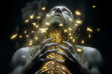 Poster - Surreal portrait of person with glowing golden butterflies emerging from chest, magical light and particles against dark background creating ethereal atmosphere.