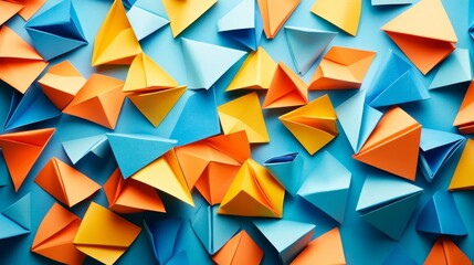 Poster - Vibrant origami assortment of geometric shapes on a textured azure backdrop