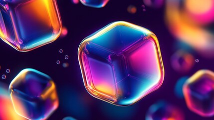 Aufkleber - Iridescent Geometric Forms: A Vibrant Fusion of 3D Cubes and Neon Glows