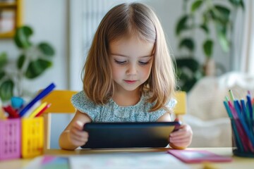 Poster - Young child exploring online education at a bright and colorful study desk with school supplies in a warm, inviting environment