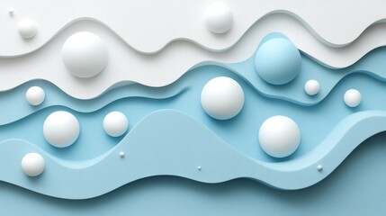 Poster - Minimalist abstract waves with spheres in pastel blue and white 3D rendering