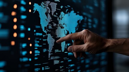 Poster - Male hand pointing at glowing blue world map on dark digital display with data visualization elements. Global business analytics and international technology concept.