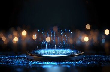 Poster - Futuristic glowing blue hologram platform with rising light particles against dark background with bokeh lights creates magical sci-fi atmosphere.