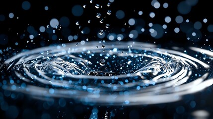 Poster - Macro photography of water ripples with droplets creating concentric circles on dark surface. Dynamic splash captured with bokeh effect in blue tones.