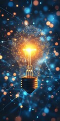 Poster - Glowing lightbulb surrounded by digital network connections and particles on dark background with orange and blue bokeh lights, symbolizing innovation and ideas.