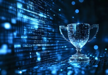 Digital trophy cup on binary code background with glowing blue bokeh lights and data stream effects, representing achievement in technology and innovation.