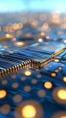 Poster - Macro view of electronic circuit board with processor and glowing elements against blue background with bokeh lights. For technology and innovation concepts.