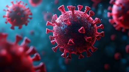 Poster - Microscopic view of coronavirus cell structure in red and blue tones showing detailed spike proteins and viral membrane against dark background for medical visualization.