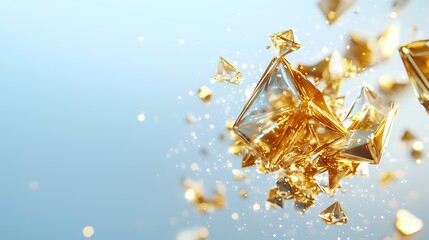 Poster - Shattered golden glass fragments exploding against light blue background, creating dynamic motion and sparkle effect with scattered reflective pieces.