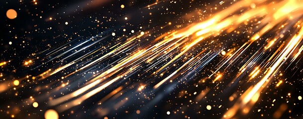 Poster - Glowing orange and blue light trails with sparks and particles against dark background create dynamic motion effect for technology and space designs.