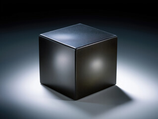 Poster - Black cube illuminated on a dark background showcasing simple geometric design and shadows