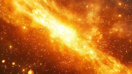 Poster - Bright golden cosmic explosion with glowing particles and energy burst in deep space, dramatic stellar nebula illuminated by intense light rays and stardust.