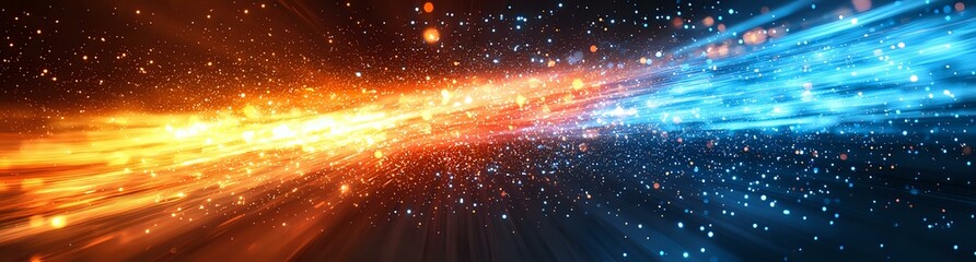 Poster - Cosmic energy collision in space showing orange and blue light streams with stars and particles creating dramatic celestial effect in dark universe.