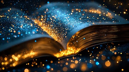 Poster - Magical open book with glowing golden and blue sparkles floating against dark background, creating ethereal light effect and mystical atmosphere.