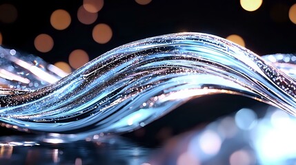 Poster - Glowing blue waves with sparkles on dark background, abstract flowing lines with bokeh light effects create dynamic modern design element for technology concepts.