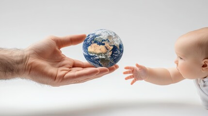 Wall Mural - Adult hand gives baby hand the planet earth. Earth Day theme background wallpaper.