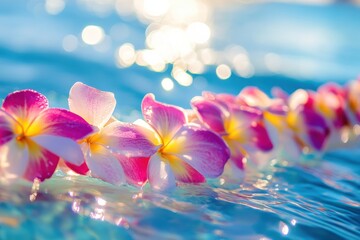 Aufkleber - Vibrant Hawaiian floral lei floating gracefully in a crystal-clear ocean under warm golden sunlight