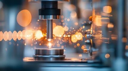 Poster - Microscope lens with glowing bokeh effect in scientific laboratory setting, creating atmospheric golden light spots against blue toned background. Professional research concept.