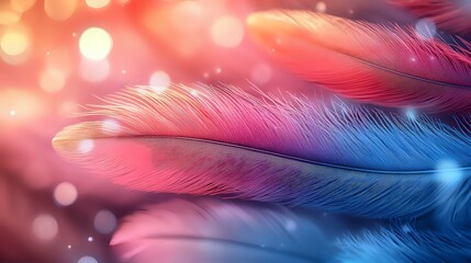 Poster - Delicate feathers in pink and blue gradient colors with soft bokeh light effects create dreamy atmospheric background for romantic and spiritual designs.
