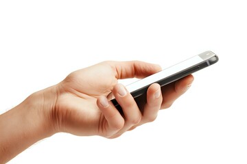 Poster - female hands holding modern smartphone isolated on white background. close up view of casual mobile 