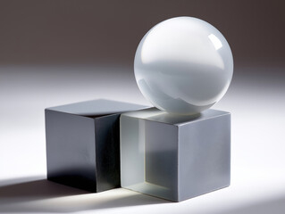 Poster - Abstract geometric shapes with a sphere and cubes arranged on a minimalist surface