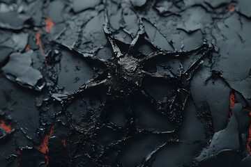 Poster - Dark cracked surface with peeling black paint revealing glowing orange underneath, creating dramatic texture and abstract pattern for background design.
