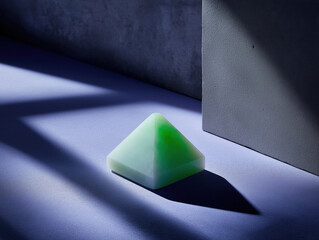 Poster - Green pyramid-shaped object rests on a minimalistic surface with dramatic shadows
