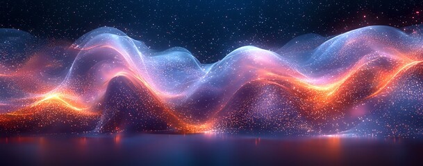 Aufkleber - abstract glowing wave formation with particles against dark background, featuring vibrant orange and