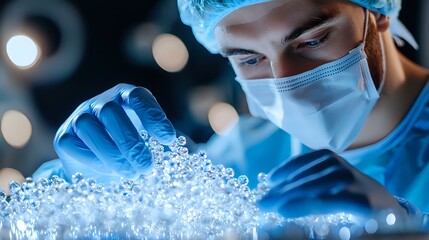 Poster - Young male scientist in protective equipment examining transparent spherical particles under blue laboratory lighting. Medical research concept.
