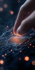 Poster - Finger touching glowing microchip on circuit board with orange light particles and bokeh effects against dark background, representing digital transformation and AI technology.