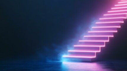 Poster - Glowing neon pink stairs ascending into darkness with blue light reflection on wet floor surface creating futuristic minimalist composition.