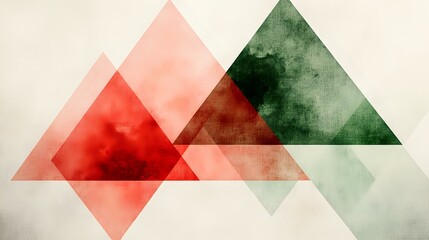 Poster - Overlapping translucent triangles in red and green tones create abstract geometric composition with watercolor texture effect on light background. Modern minimalist design.