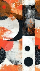Poster - Abstract geometric composition featuring circles and textured elements in coral orange, black, and white with grunge overlay effects and dotted patterns. Ready for wall art.