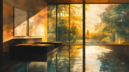 Wall Mural - Mirrored reflections blur boundaries as a serene natural landscape protrudes into a modern interior space, dissolving distinctions between outside and inside. Dissolving Echoes. Illustration
