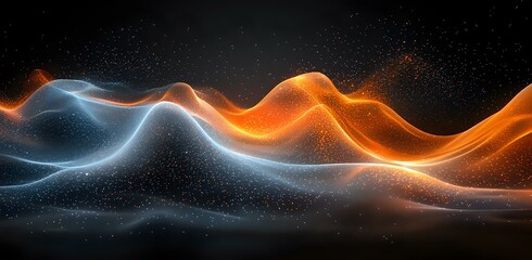 Poster - Abstract glowing orange and blue light waves flowing through dark space with sparkling particles creating dynamic energy pattern against black background.