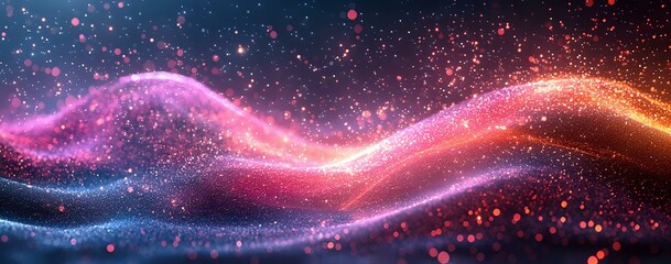 Poster - Glowing pink and orange wave of light particles flowing through dark space with sparkling bokeh effect creates magical cosmic atmosphere.