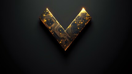 Poster - Golden circuit board in V shape on dark background with glowing elements and technological pattern, modern tech concept for digital design projects.