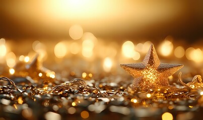 Poster - Golden star decoration on glittering surface with warm bokeh lights in background creating magical holiday atmosphere. Festive Christmas concept.