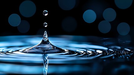 Poster - Clear water drop falling into calm blue surface creating symmetrical splash crown and ripples against dark background with bokeh lights. For wellness and nature concepts.