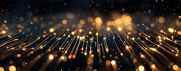Poster - Glowing golden light rays and bokeh effect on dark background create magical festive atmosphere with sparkling particles and streaks of light.