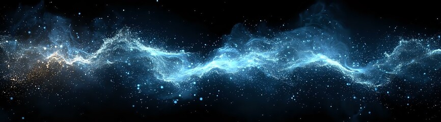 Poster - cosmic energy wave with glowing blue light streaks and stellar dust particles against dark space bac