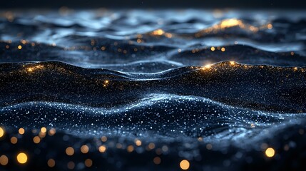 Poster - Glowing particles float over dark rippling waves creating magical atmosphere with golden bokeh lights and sparkles in mysterious oceanic scene.