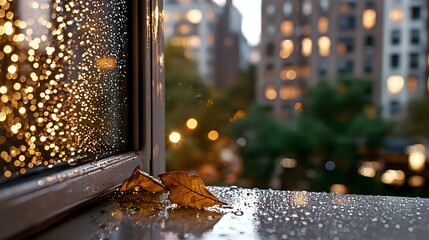 Poster - Autumn maple leaf on rainy window sill with water drops and city bokeh lights in background creating cozy atmospheric mood for seasonal designs.