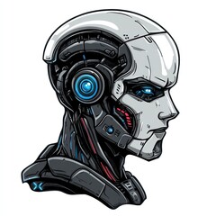 Poster - futuristic robot head design, representing advanced technology and artificial intelligence. on white backdrop