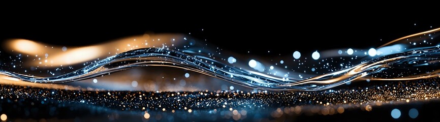 Poster - glowing golden and blue waves with sparkles and light effects on black background create magical abs