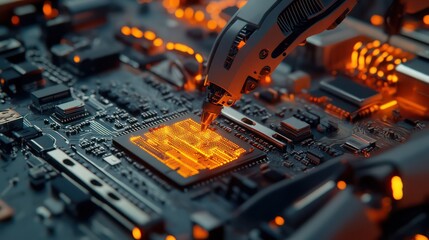 Poster - futuristic robotic arm working on a complex circuit board, representing the cutting-edge of technology and innovation