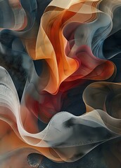 Poster - Abstract flowing waves in orange, blue and gray create dynamic movement and depth. Smooth gradient transitions form elegant curves and ethereal shapes on dark background.