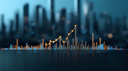 Poster - Financial graph showing upward trend with glowing orange line chart and blue bar charts against blurred modern city skyline background at dusk.