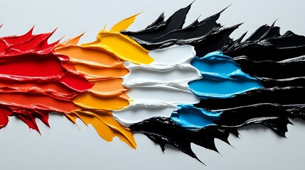 Poster - Abstract layered paper art composition featuring dynamic waves in red, orange, yellow, white, blue and black colors creating flowing motion effect on light background.