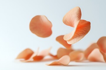 Poster - Delicate coral rose petals floating in soft light against white background, creating gentle movement and ethereal atmosphere for romantic and wedding designs.